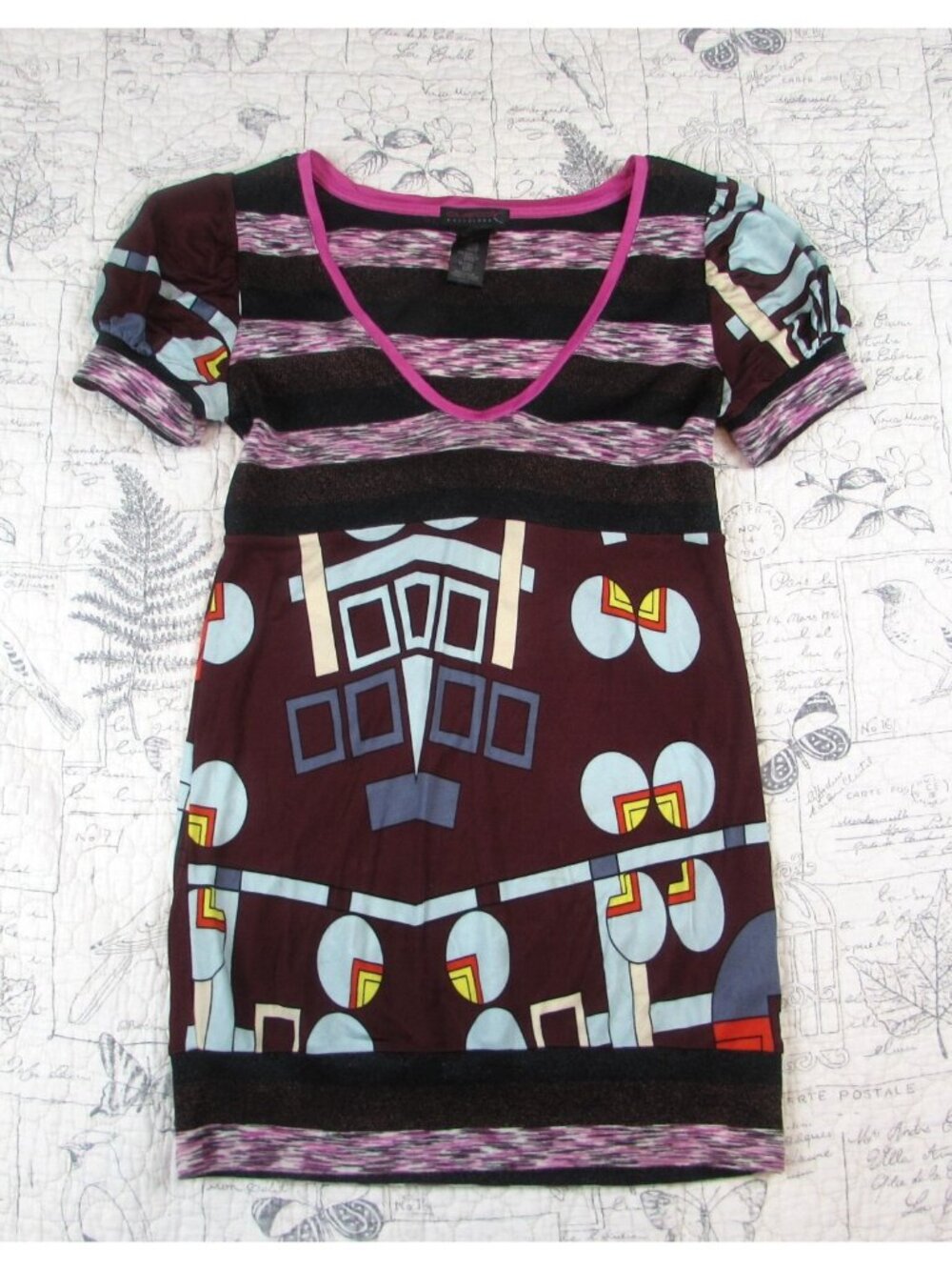 Vintage Custo Barcelona Y2K Mixed Print Tee Top Artsy Colorful Fun women sz 2 M